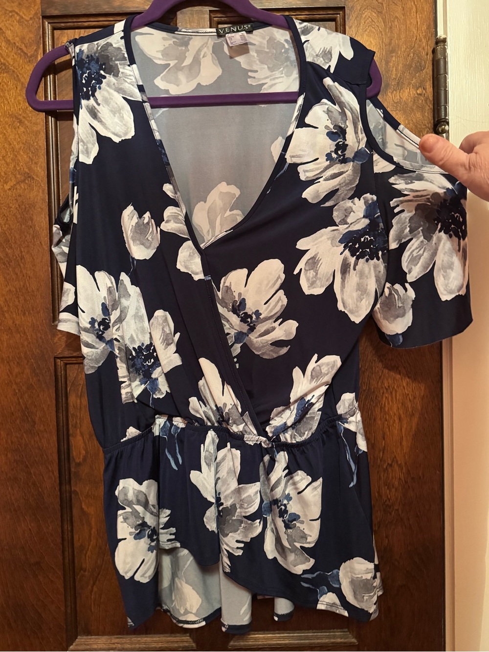 VENUS Navy and White Floral Cold-Shoulder Wrap Blouse